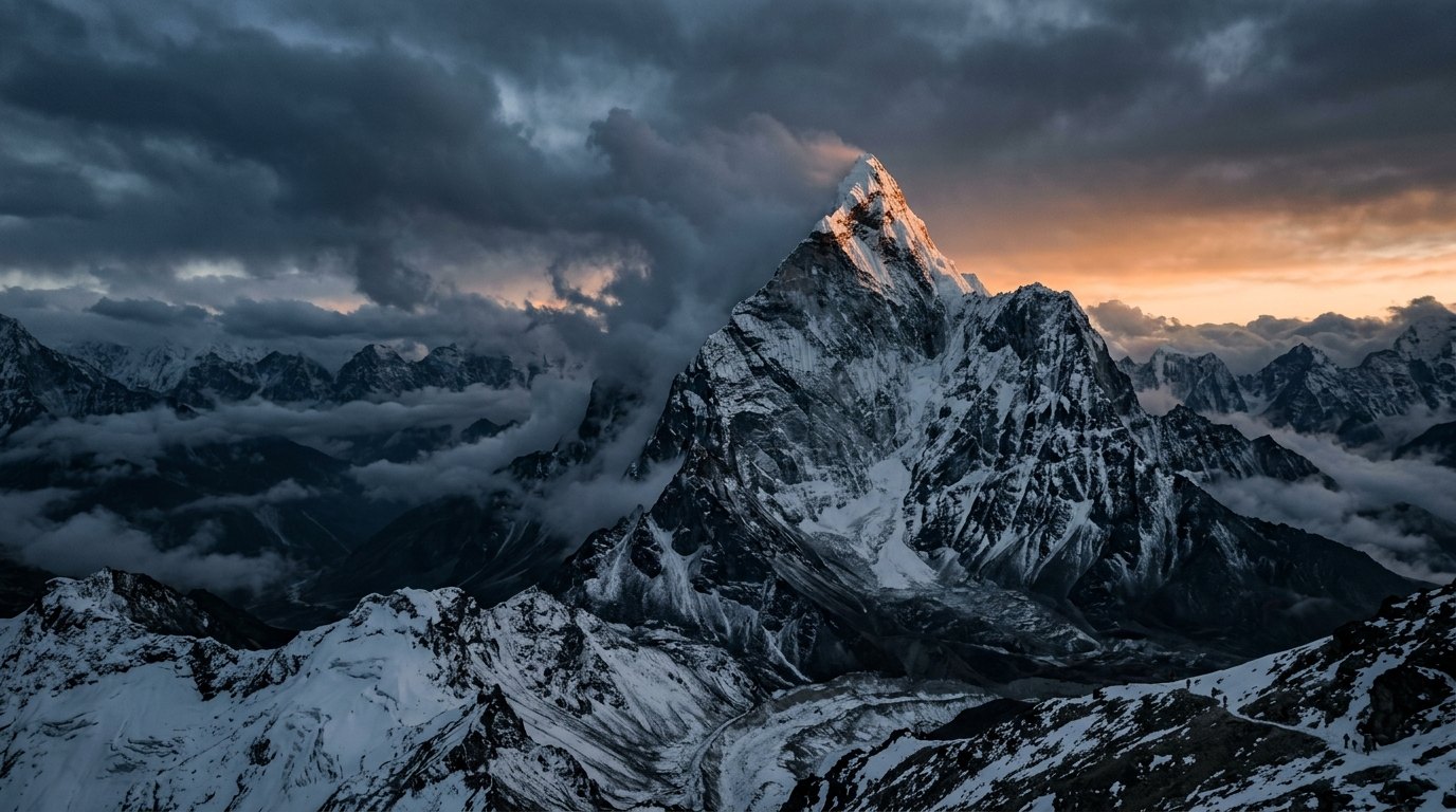 Ama Dablam at dusk, its summit catching the last light above a sea of cloud in the Khumbu